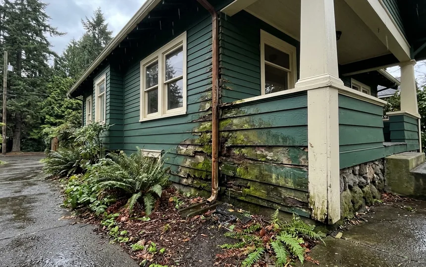 Before: mossy, soft and peeling cedar lap at the base of a Craftsman bungalow beside the porch and a downspout