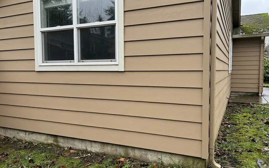 After: the same wall with new lap siding in the same reveal, painted tan, the joints clean