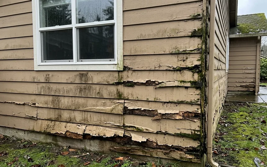 Before: tan hardboard lap swollen and flaking at the bottom edges with water stains under a window