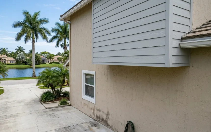 After: the same bump-out with new fiber cement boards and corner trim, sealed and painted gray