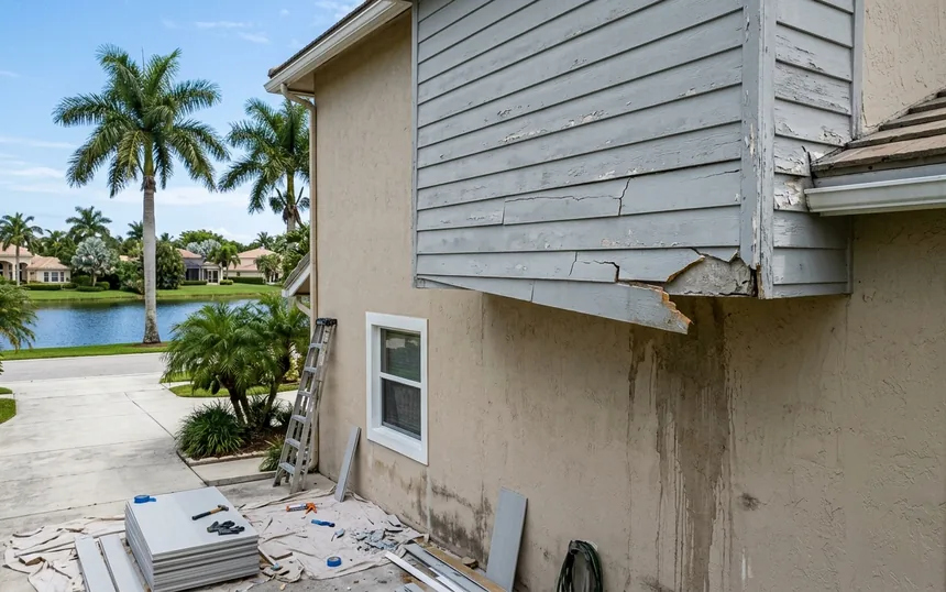 Before: cracked, chalky fiber cement lap siding and a broken corner on a second-story bump-out