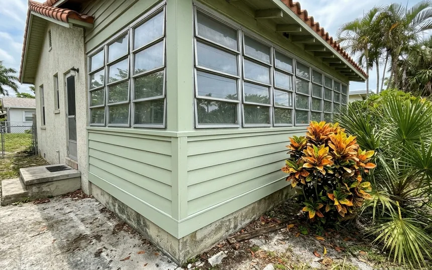 After: the same porch with new drop siding in the same profile, primed and painted pale green
