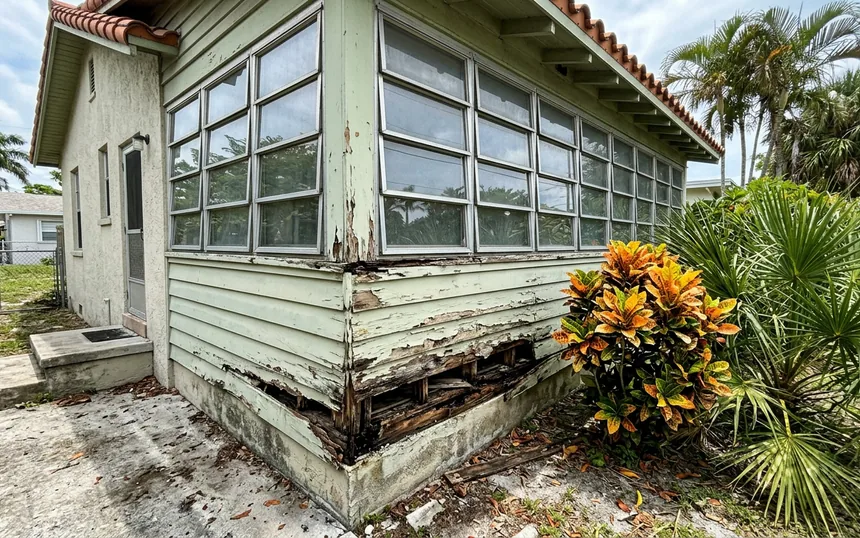 Before: rotted, swollen drop siding with a missing board below the windows of an enclosed porch