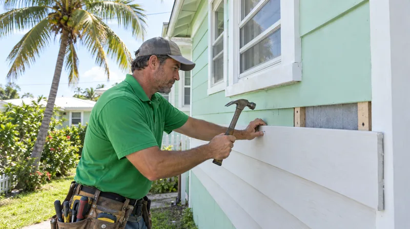 Kaminskiy technician nailing a new primed lap siding board onto a mint green wood frame cottage