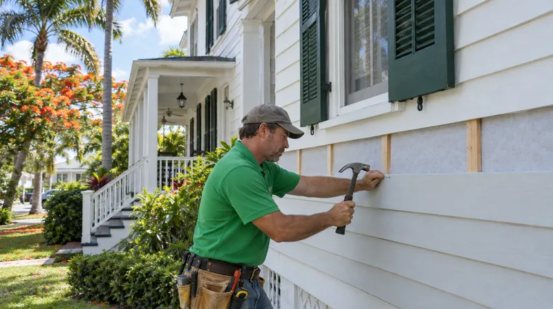 Kaminskiy technician nailing a new primed lap siding board onto a white two-story wood frame house with green shutters
