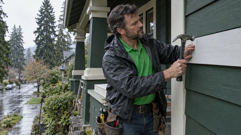 Kaminskiy technician nailing a new primed cedar lap board on a green Craftsman bungalow on a wet day