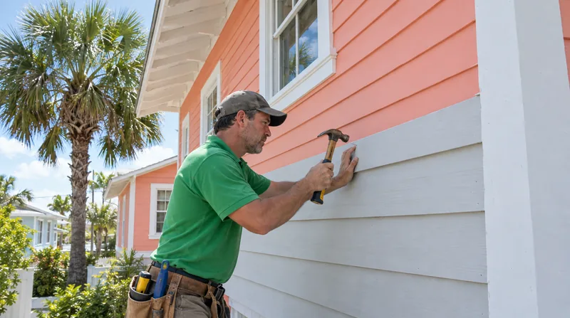 Kaminskiy technician nailing a new primed lap siding board onto a coral two-story wood frame house