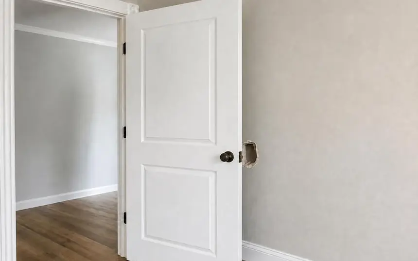 Before: a doorknob hole punched through a bedroom wall