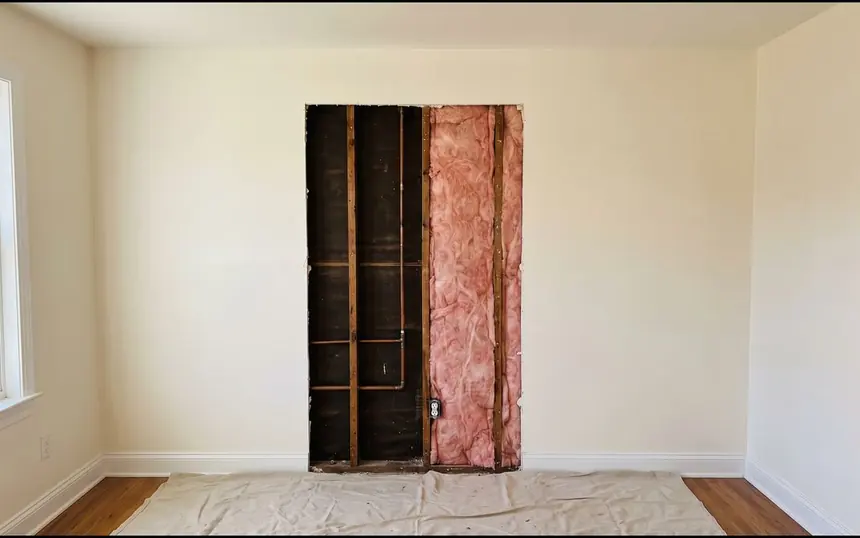 Before: a wall opened to the studs after a leak