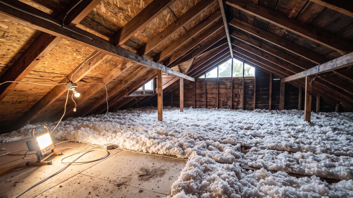 Same attic with thick new insulation filling every space between the joists