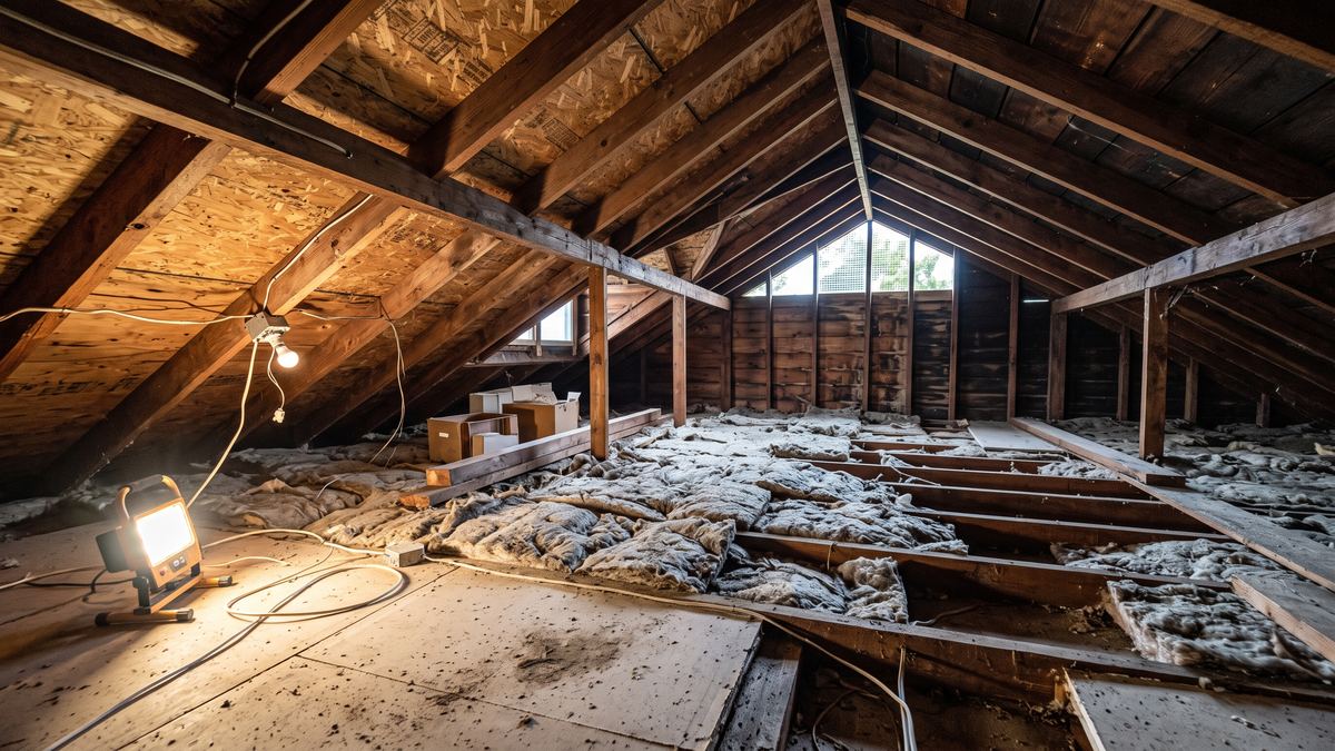 Attic floor with thin, flattened old insulation and bare spots between the joists