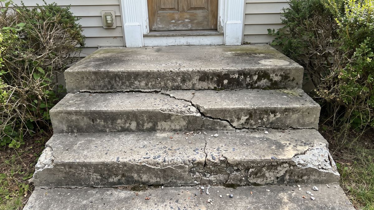 Front concrete steps with cracks and broken edges