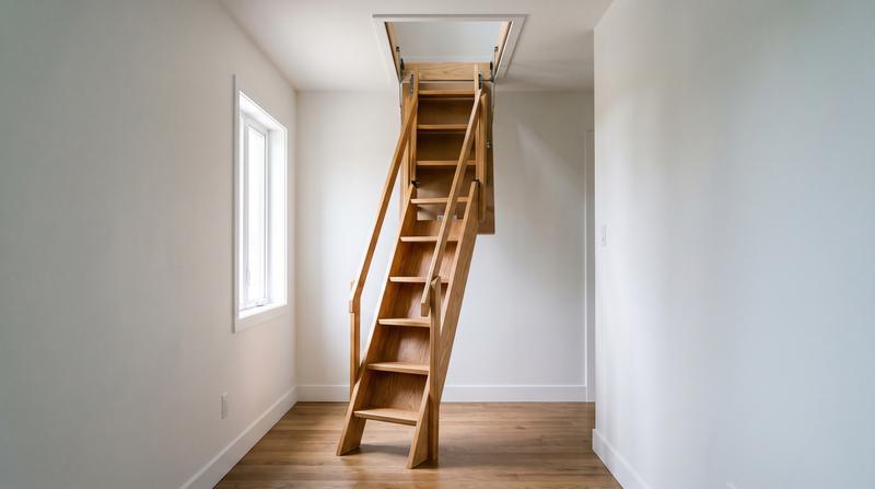 A new folding attic ladder pulled down in a hallway