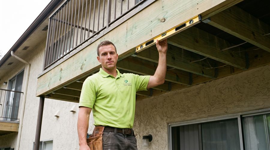 Kaminskiy technician replacing a rotted joist under an apartment balcony