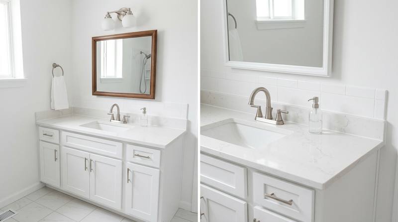 The same bathroom with a new vanity, fixtures and clean finishes