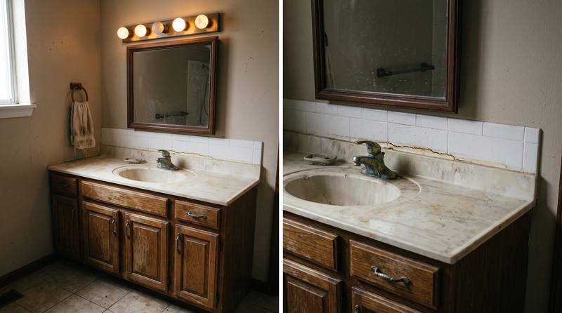 A dated bathroom vanity with worn cabinet and cracked caulk before refresh