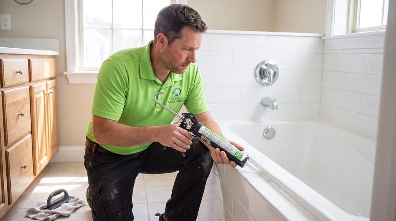 Kaminskiy technician running a fresh caulk line along a bathtub edge