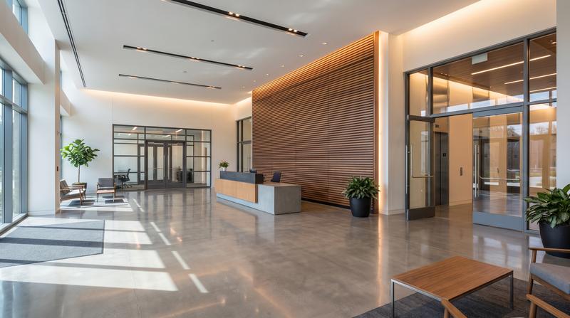 A clean, well-maintained modern office lobby