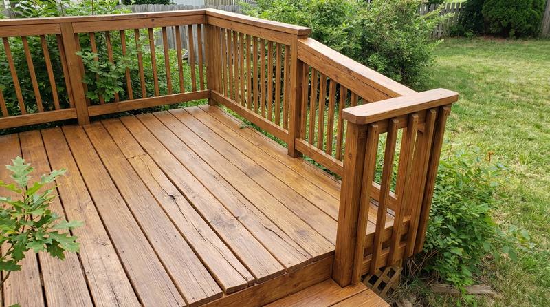 The same deck with new boards, a solid railing and fresh sealed finish