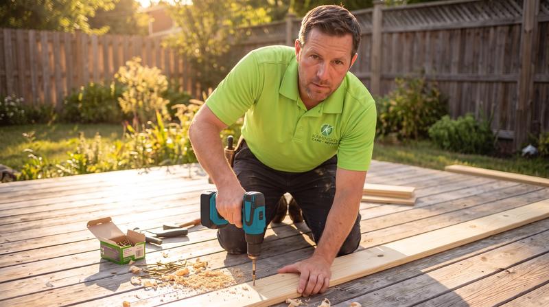 Kaminskiy technician fastening a new deck board with a cordless drill