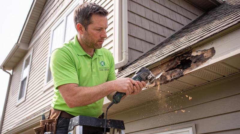 Kaminskiy technician cutting out the rotted fascia board