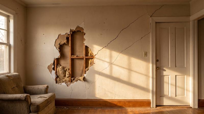 A living room wall with a large hole and settling cracks before repair