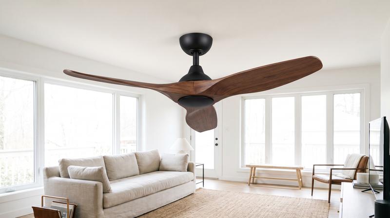 A modern ceiling fan newly installed on a living room ceiling