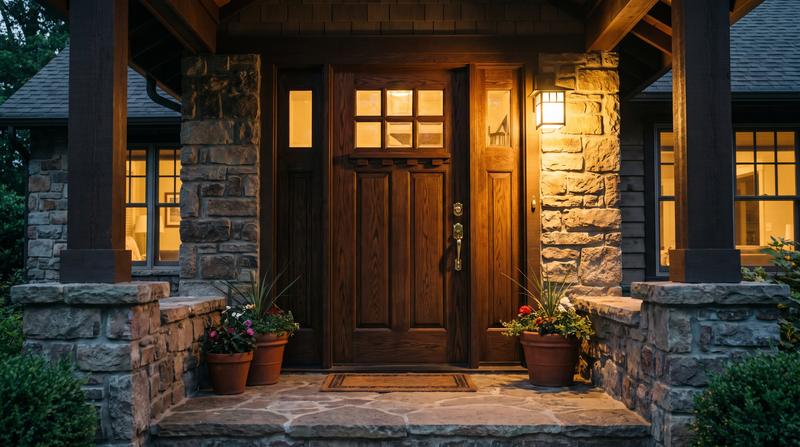 A front door secured with a new deadbolt at dusk