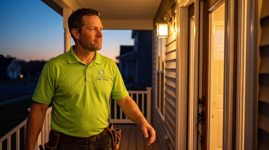 Kaminskiy technician arriving at a front porch at dusk with a tool bag