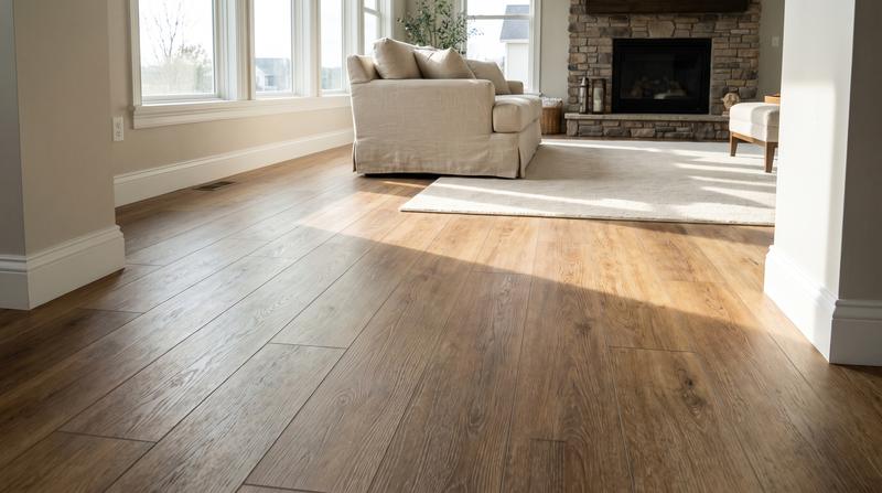 Freshly installed luxury vinyl plank flooring in a sunlit room