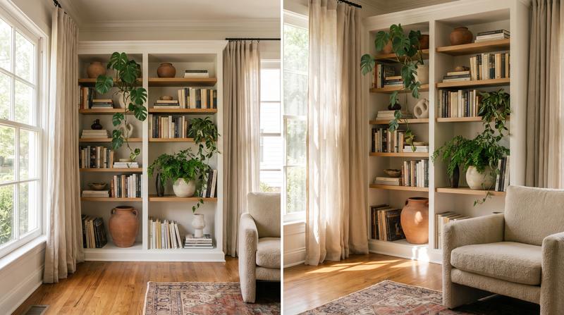 A tall bookshelf assembled square and anchored in a living room
