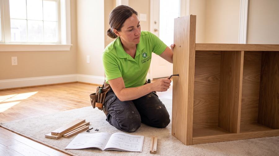 Kaminskiy technician assembling a bookshelf with parts laid out neatly