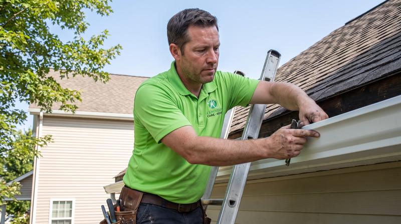 Kaminskiy technician refitting a gutter section at the roofline
