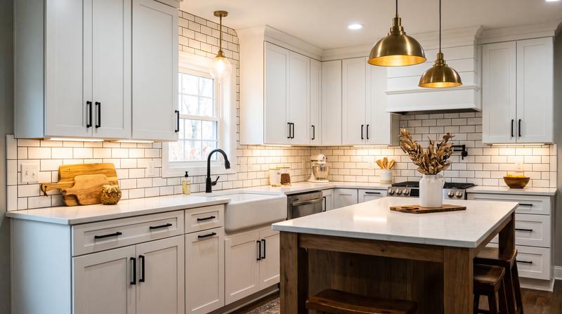 A refreshed kitchen with new cabinet hardware and subway tile backsplash