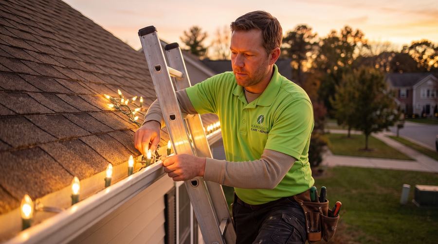 Kaminskiy technician installing warm holiday lights along a roofline at dusk