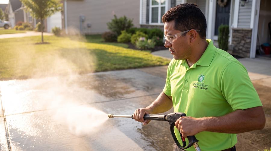 Kaminskiy technician pressure washing a driveway, clean stripe contrasting the dirty concrete