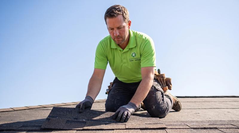 Kaminskiy technician placing a replacement shingle on an asphalt roof