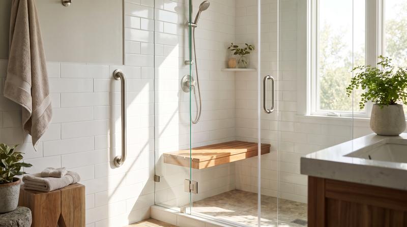 A new grab bar installed on the tile wall beside a walk-in shower