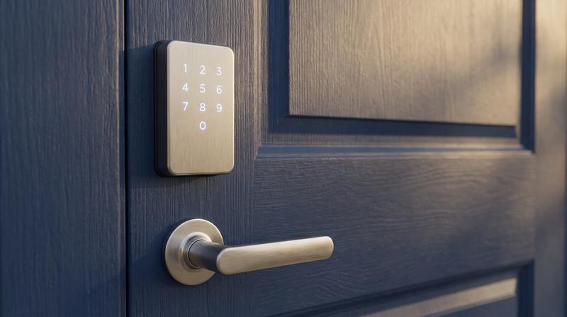 A keypad smart lock installed on a navy front door