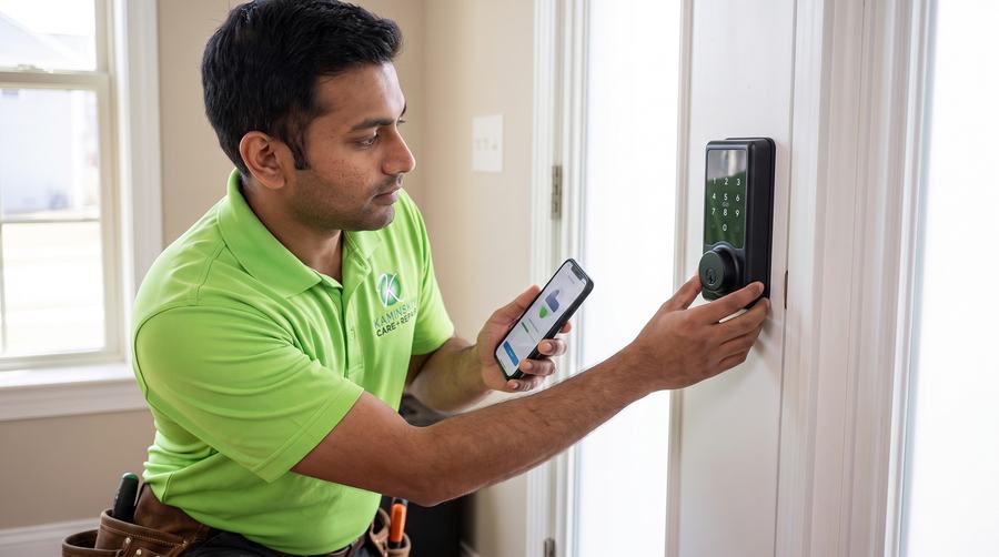 Kaminskiy technician installing a keypad smart lock on a front door