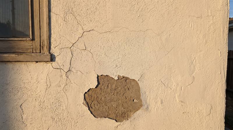 A stucco wall with cracks radiating from a window corner before repair