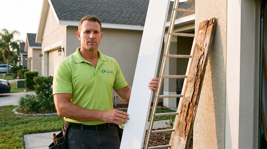 Kaminskiy technician installing a new fascia board where termites had eaten the old one