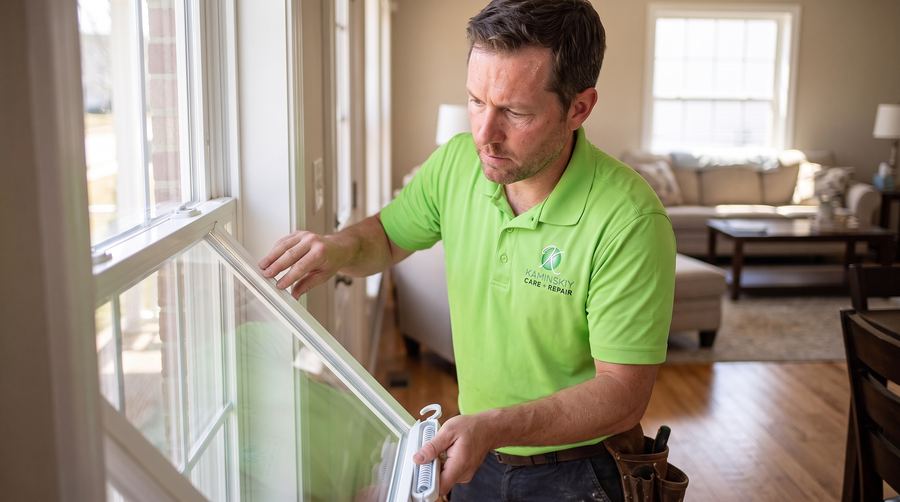 Kaminskiy technician replacing the balance in a double hung window