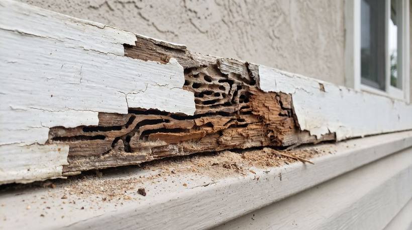 Termite damaged trim board with eaten galleries before rebuild in Orange County