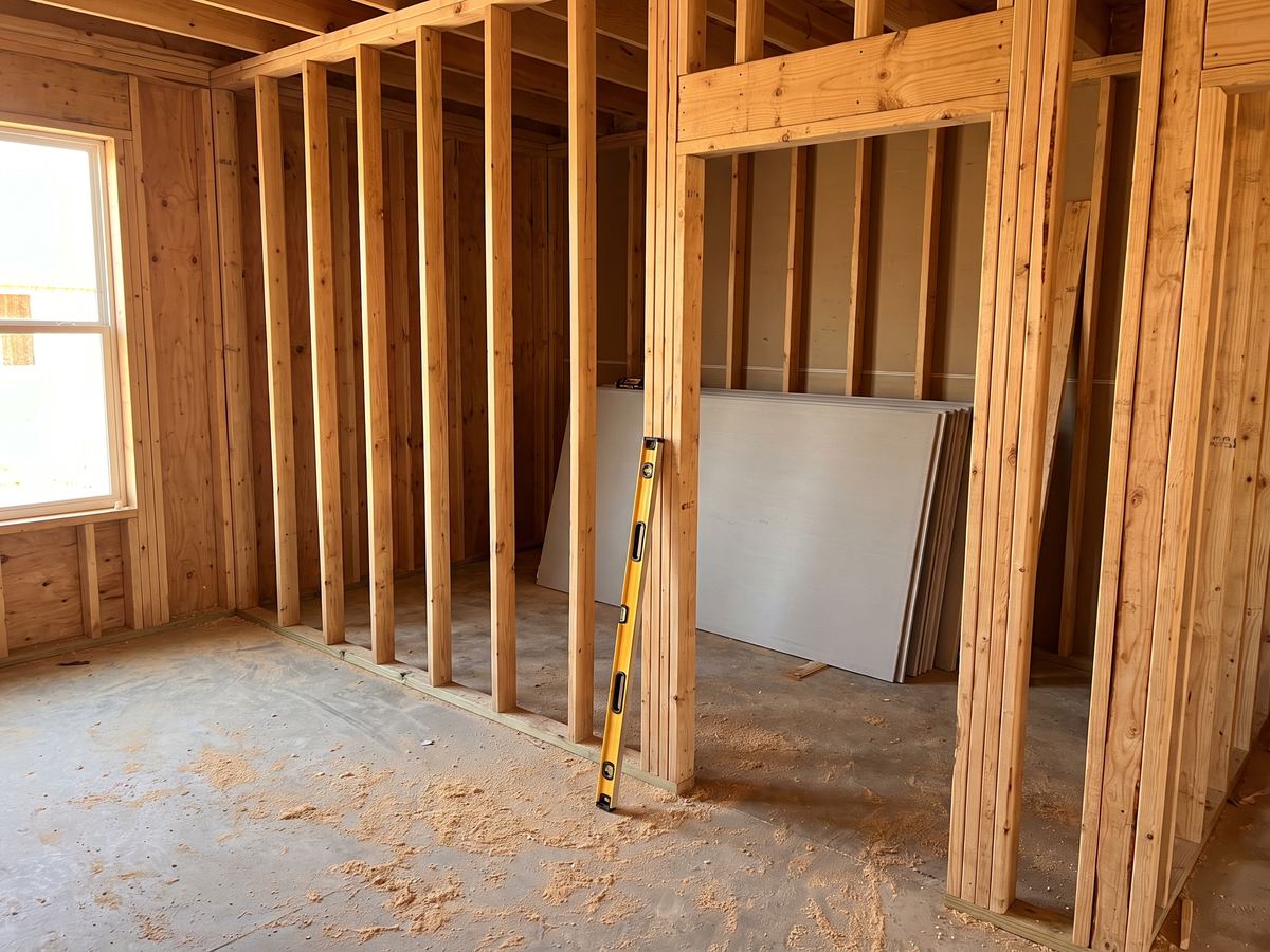 New interior wall framed with wood studs, top plate and a door header