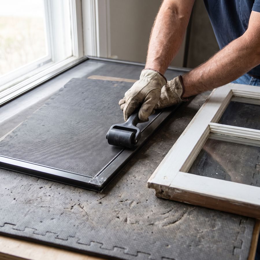 Technician rolling new screen mesh into a window screen frame