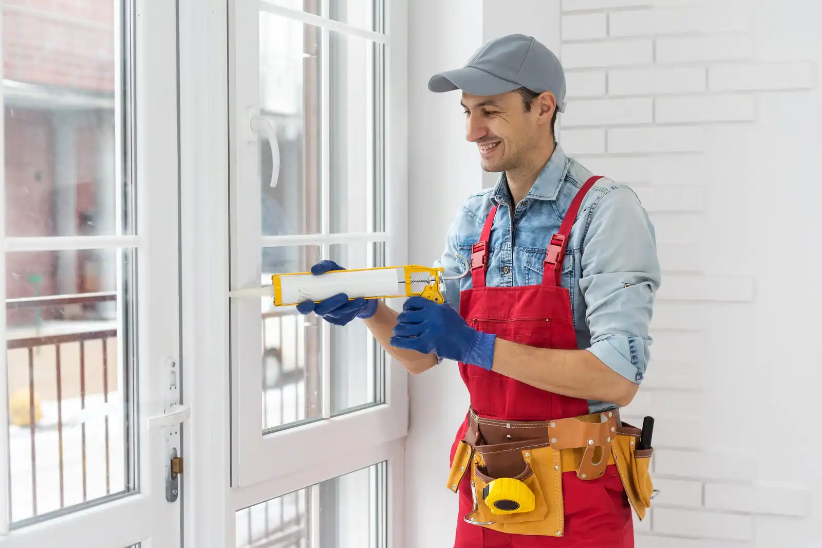 Technician applying sealant around a window frame
