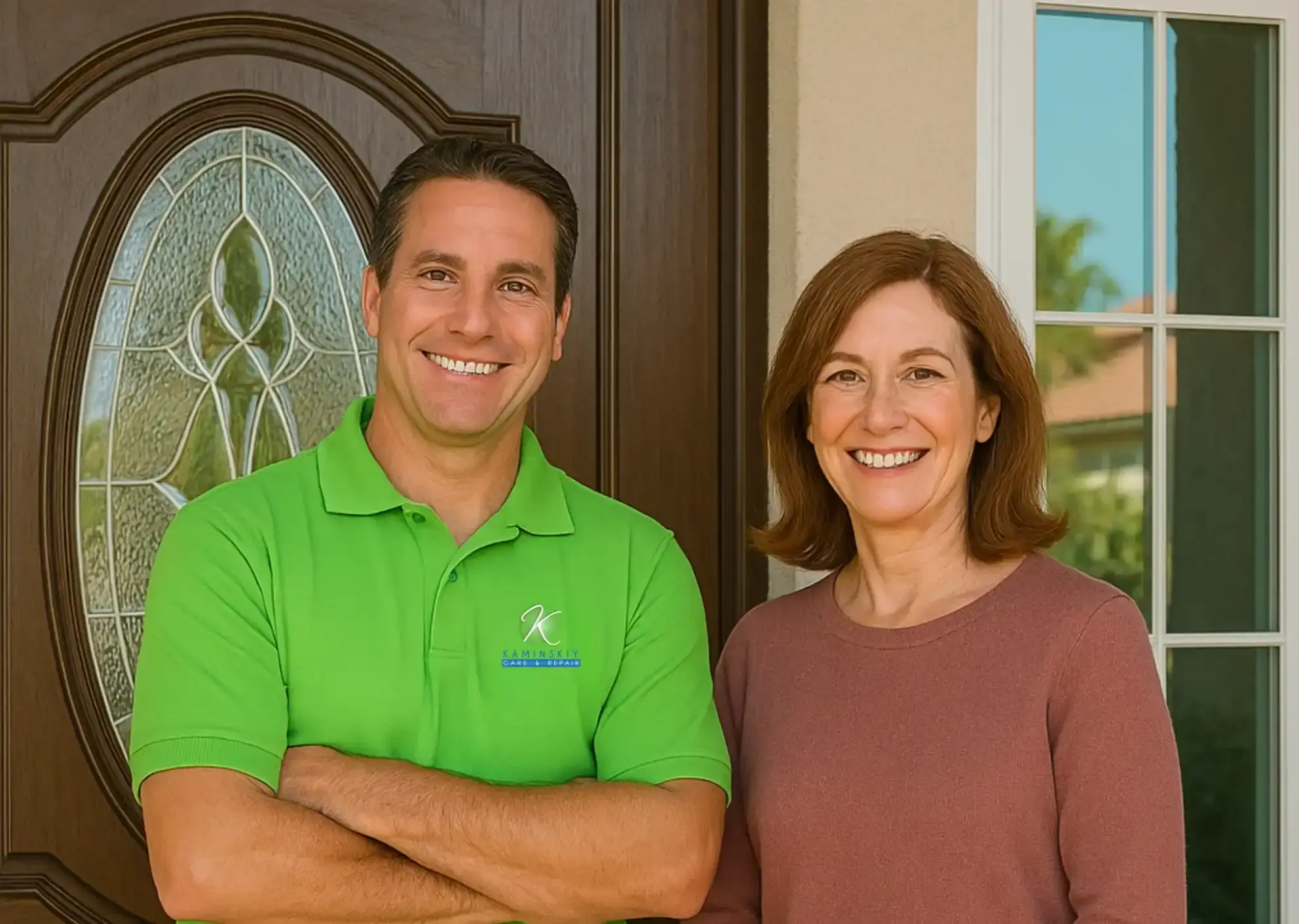 Happy middle-aged couple relaxing together in their living room after a door repair