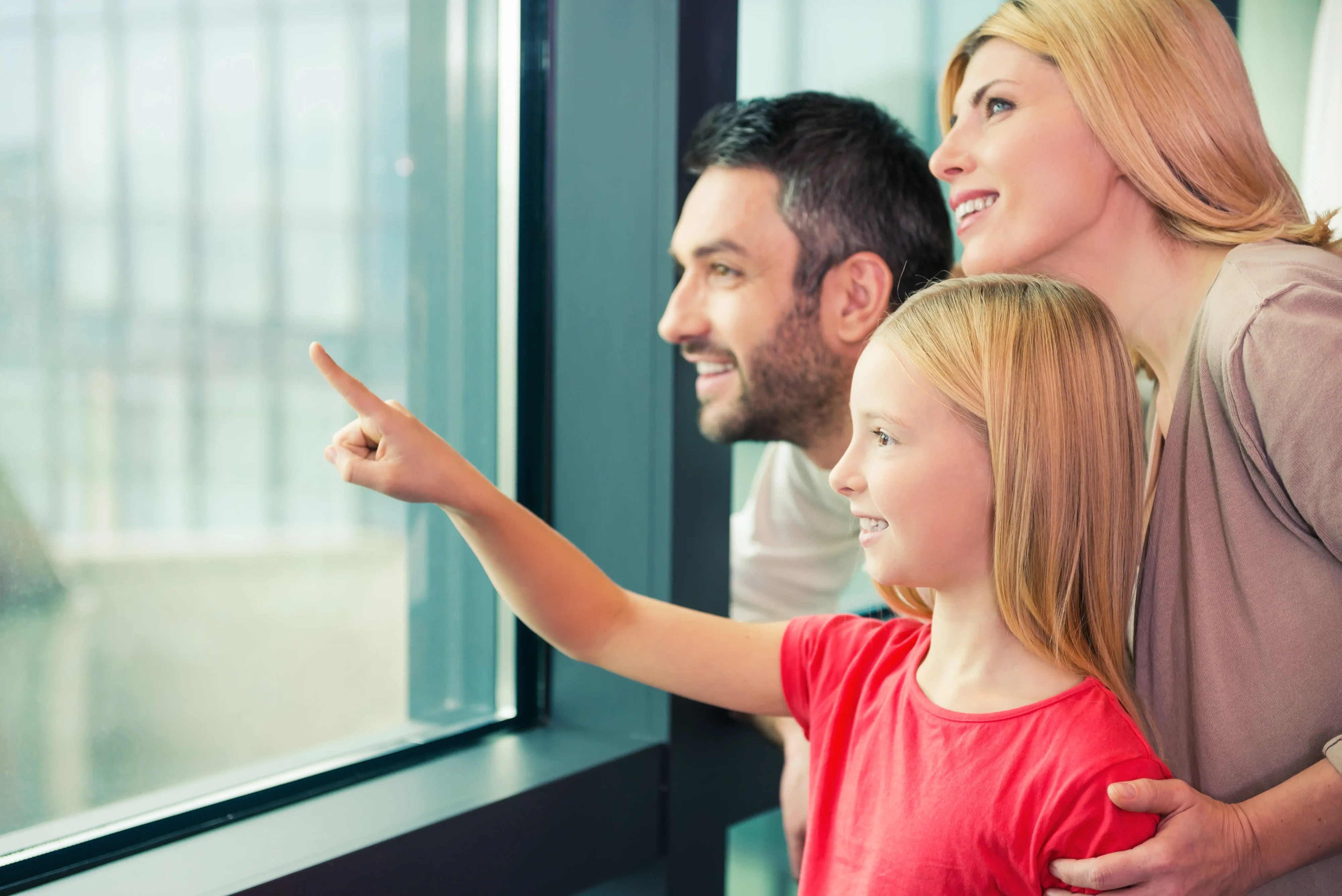 Family pointing at the view through a newly repaired window