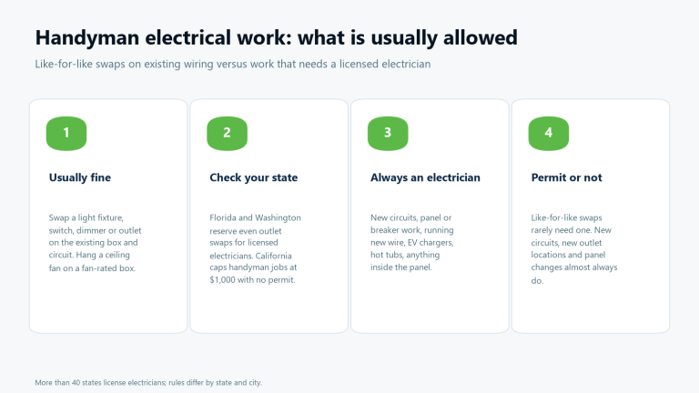 Chart of what electrical work a handyman can usually do: fixture, switch and outlet swaps on existing wiring, versus new circuits, panels and new wiring that need a licensed electrician